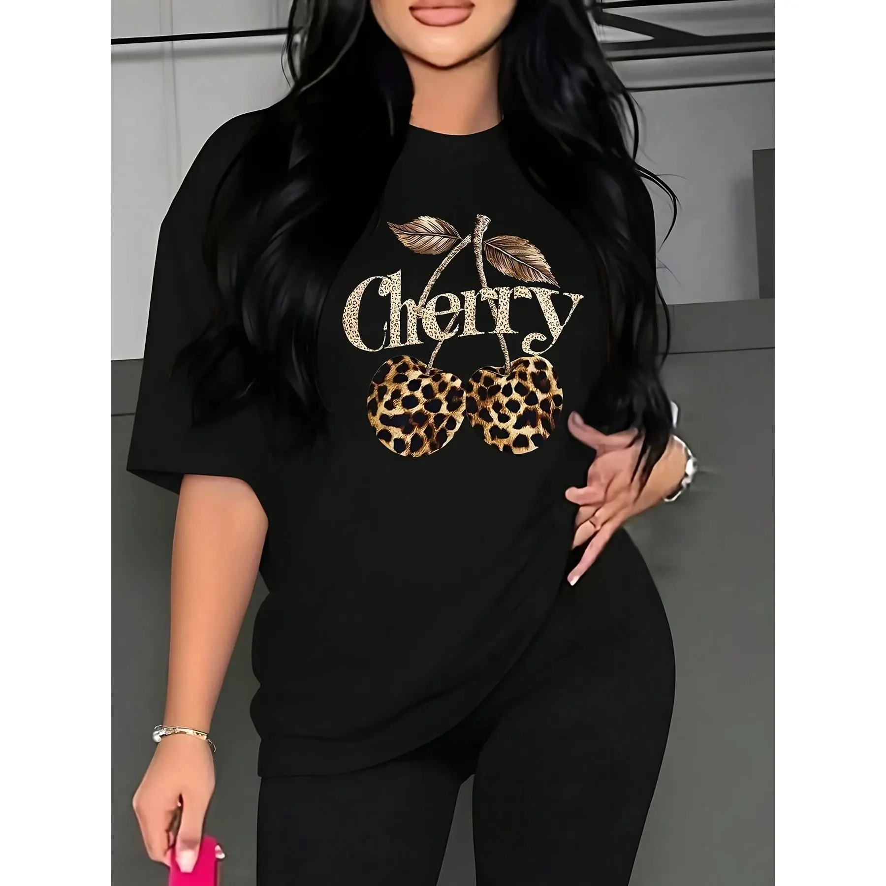 Women's 100% Cotton Soft Printed Leopard Cherry Graphic Top, Trendy Animal Print Apparel, Street-Chic Casual Fit T-Shirt, S-5XL Black White, Gift for Her, Leopard Print