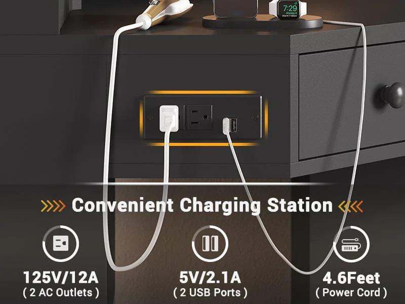 Corner Makeup Vanity Set with Upholstered Storage Stool Black