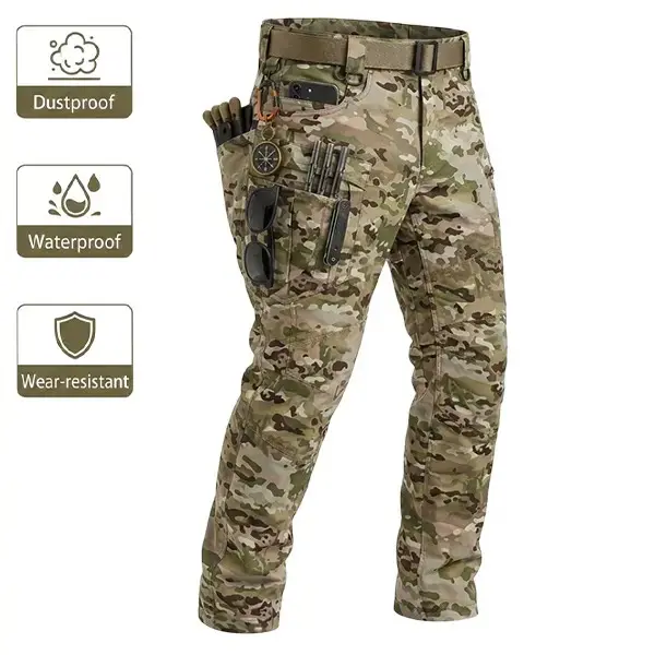 Men's Tactical Pants, Checkered Waterproof Hardshell Fabric, Single Pack, Durable Cargo Pants for Hiking, Casual Wear, and Work, Multi-Pocket Design (No Belt)