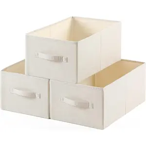 Linen Folding Storage Bins, 3 Pack Large Storage Baskets, Washable, Clothing Storage Bins with Handle, Closet Organizer for Storage Sweater,Sheets(Beige, 18½"x11 x8½)