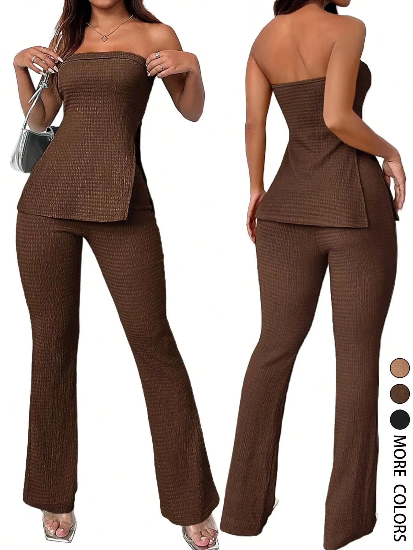 2pcs/Set Women's Casual Textured Plain Strapless High Slit Top And Slim Fit Flared Pants Set, Summer Seksi Chic Beach Vacation Holiday Two-Piece Outfits，Solid Casual Slim Fit Bandeau Set，Comfortable and Stylish for Daily Wear