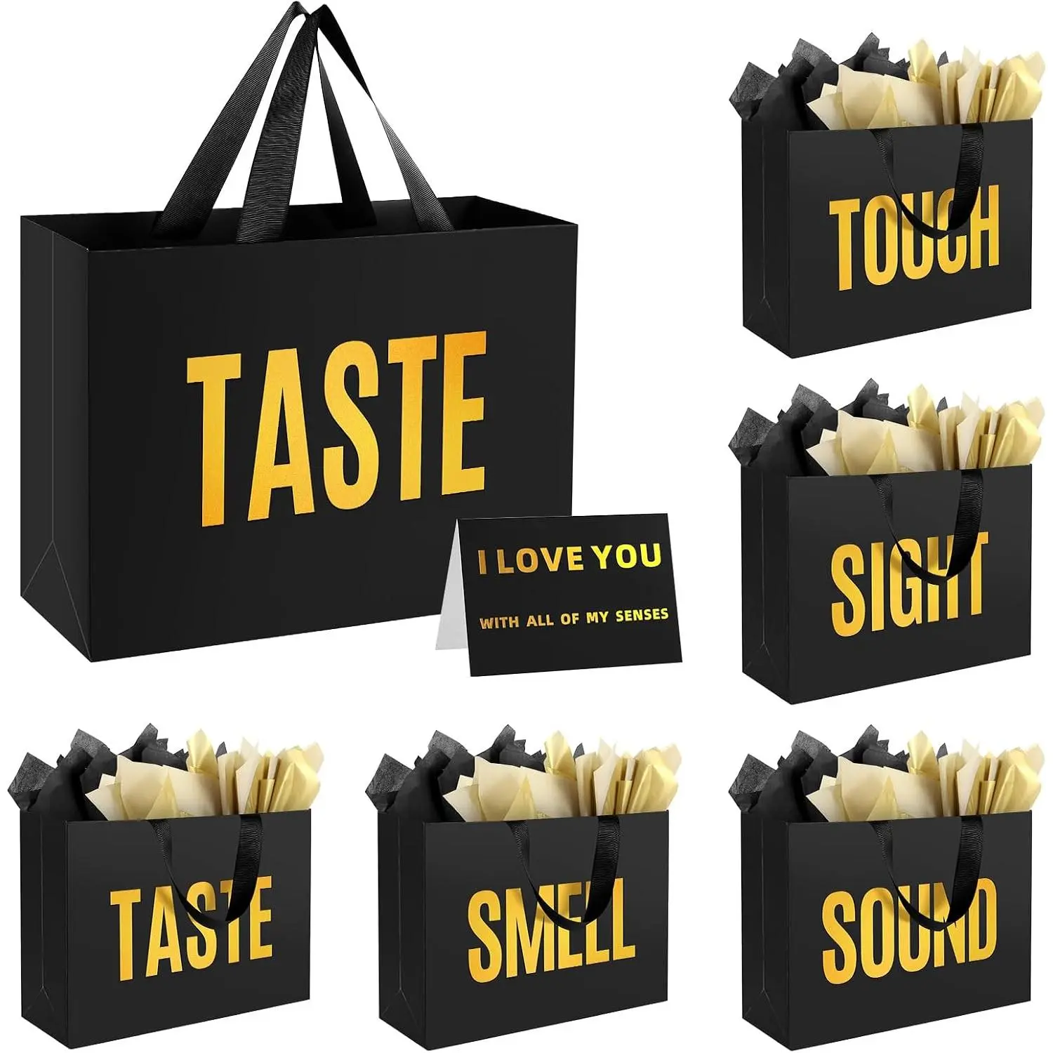 5 Senses  Bags for Him with Labels and Tissue Paper | 12.6x8.7x4 Inches Black Medium – Sight, Smell, , Taste & Sound Themed for Men Birthday, Anniversary, Wedding