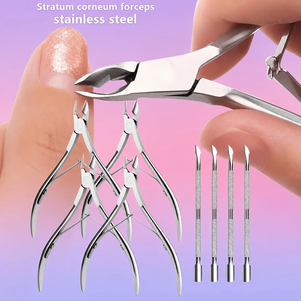 8Pcs Stainless Steel Manicure Tool Kit 4Pcs Double Spring Cuticle Nippers & 4Pcs Anti-Slip Cuticle Pushers Salon Wholesale Dead Skin Hangnail Removal Nail Care Tools Nail Care Set