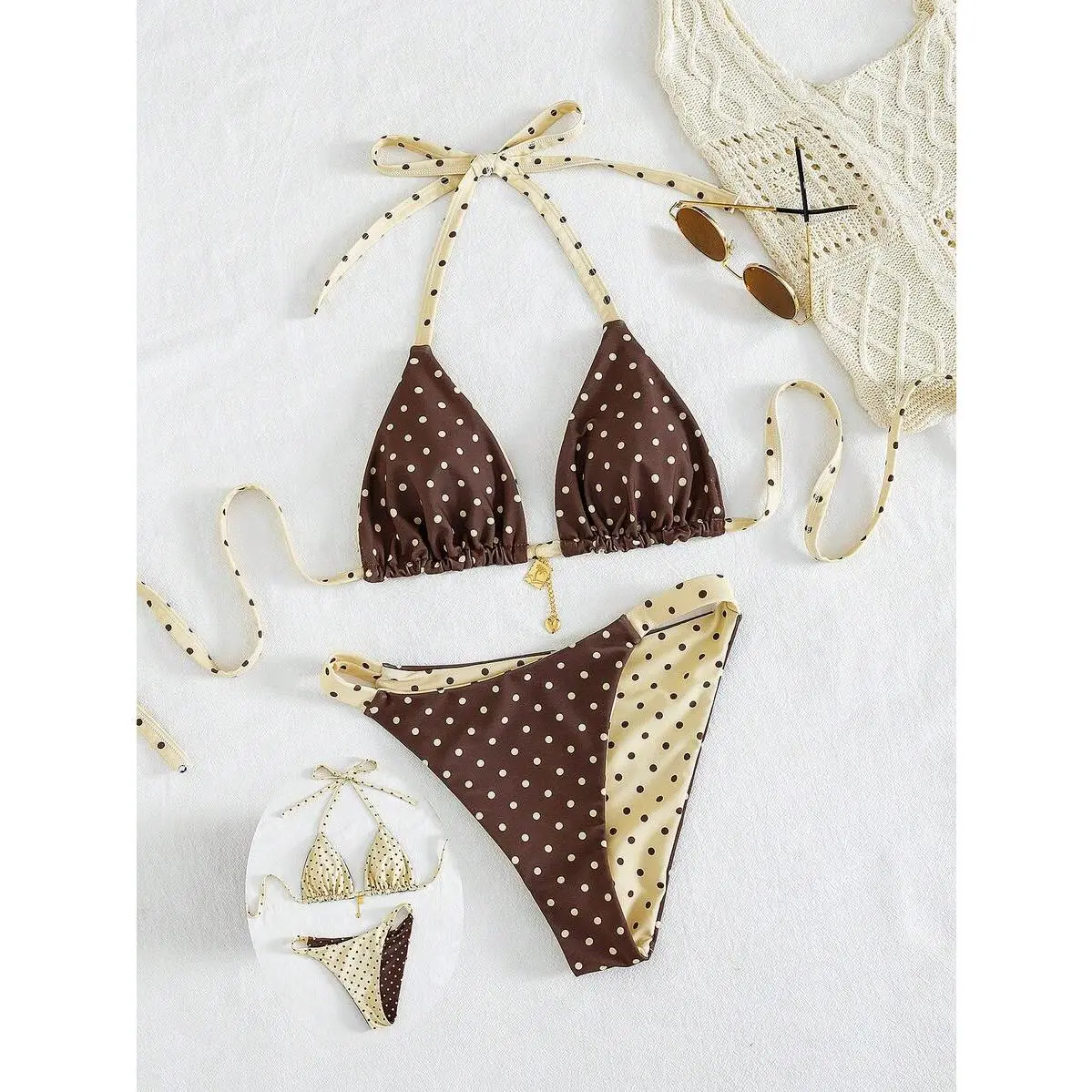 side,swim panty,swimsuits,strapless,triangle,top,tie,design,leopard,print,adjustable,wide,shoulder strap,Plus Size 2-Piece Polka Dot Reversible Bikini Set,1920s Flapper Style Spaghetti Strap Women Swimwear,Beach,Holiday Vacation,Double,sport,summer,crissc
