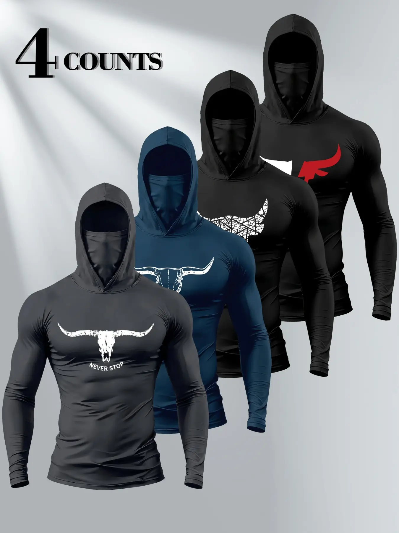 Western Bull Skull Print Hooded Compression Long Sleeve with Face Mask, 4-Pack, Stretch Dry Fit, Athletic Quick-Dry, Cycling Tactical Gym Slim Base Layer, Athletic Hoodies