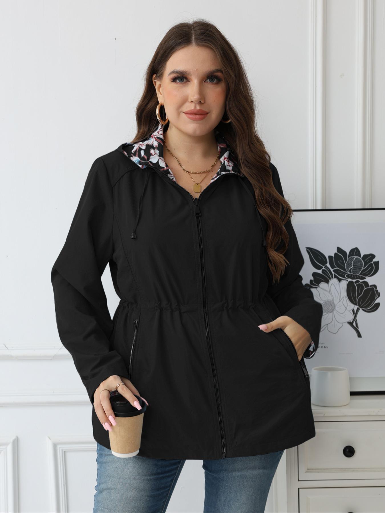 Giolshon Women's Plus Size Autumn Winter Reversible Jacket, Fashionable Hooded Windbreaker for All Seasons, Comfortable Business Casual Outerwear