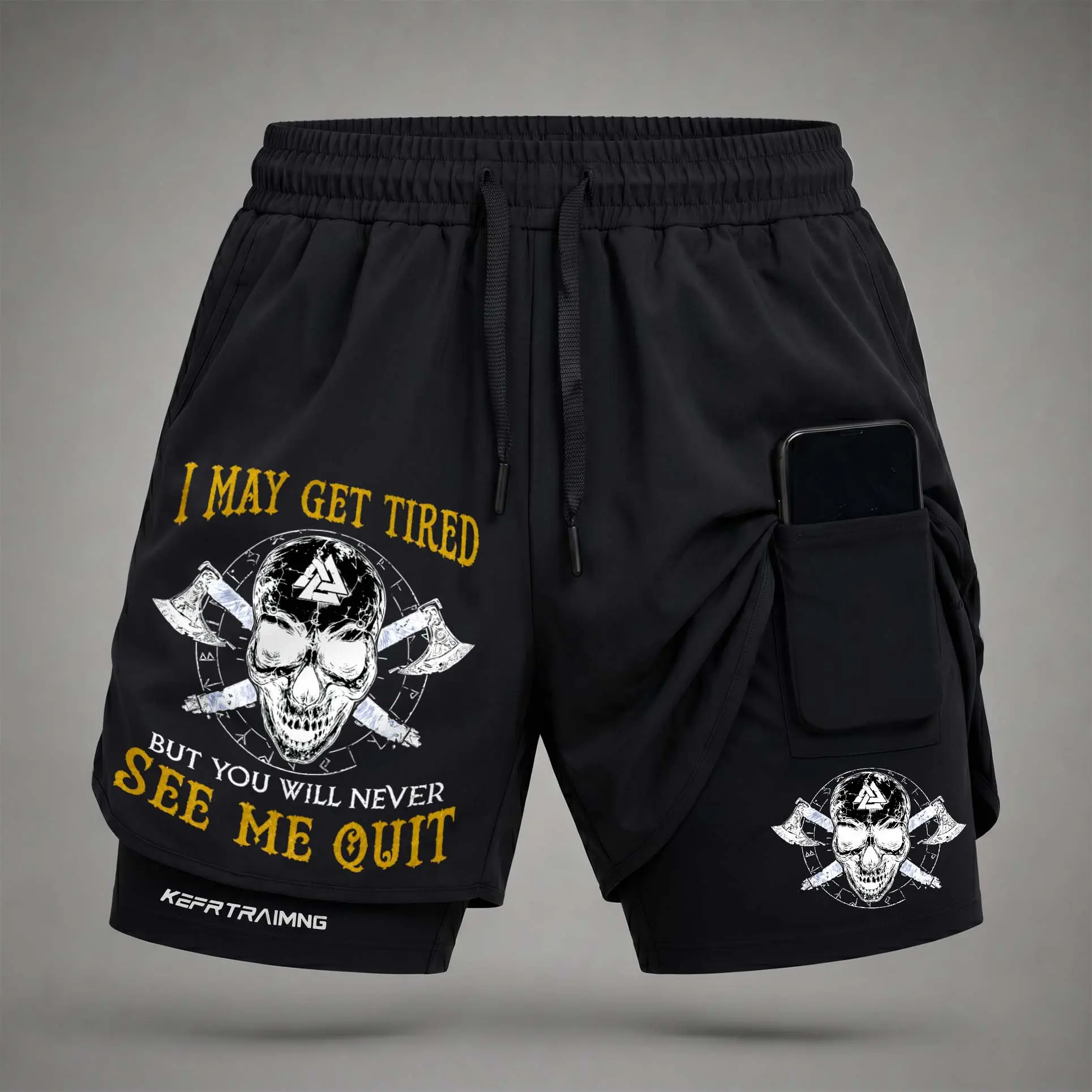 Men’s “I May Get Tired But You Will Never See Me Quit” Graphic Print 2-in-1 Athletic Shorts, Built-in Compression Liner, Secure Inner Phone Pocket, Elastic Drawstring Waist, Quick-Dry Gym Running Training Shorts for Summer Daily Wear