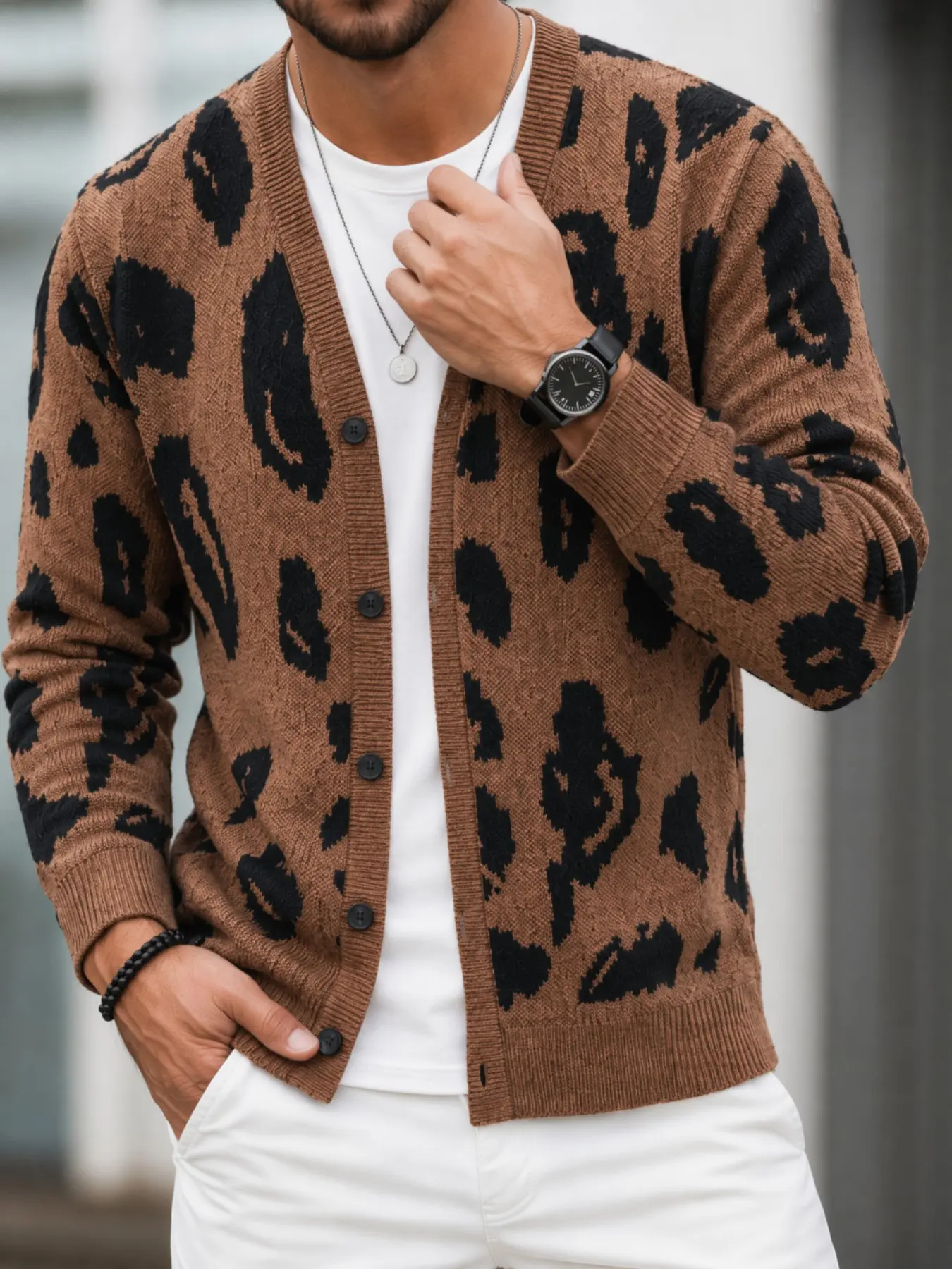 Men's Vintage Leopard Print Knit Cardigan, Soft V-Neck Long Sleeve Full Button Sweater, Fall Daily Layering Casual Outerwear