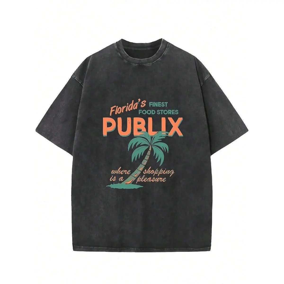 Florida Publix Graphic Tee, Streetwear Men's Black Washed Short Sleeve T-Shirt, Fashion Summer