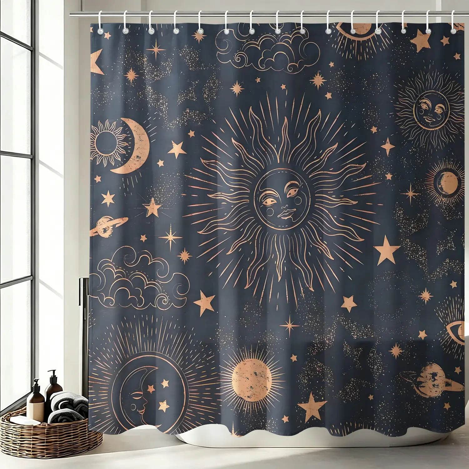 Vintage Sun Moon Star Celestial Shower Curtain, Waterproof Cloth Fabric Bathtub Curtain 72"x72" with 12 Hooks, Tarot Astrology Sky Shower Curtain Set, Dark Boho Bathroom Decor Accessories, Decorative Shower Curtain