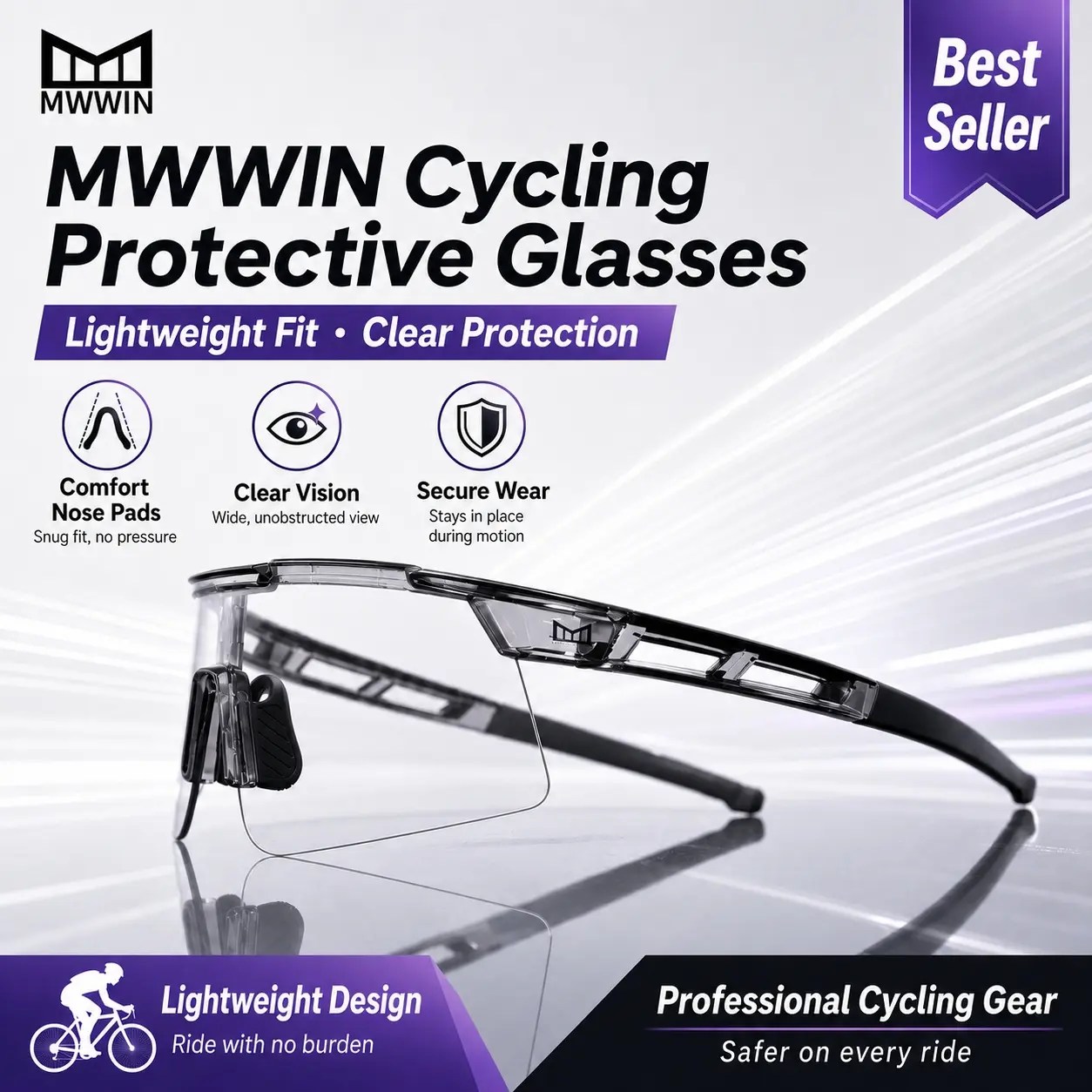 Mwwin Clear Safety Goggles, Ultra Light Shatterproof Protective Glasses, Anti-Slip Nose Pad, Windproof Dustproof Eyewear for Sports & Work