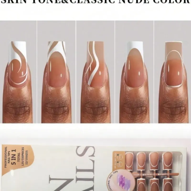 150 pcs French pointed nails- 5 styles including rectangular press on nails, pre -designed swirl nail tips, ultra - fitting artificial nails, soak - off acrylic artificial nail extensions. With 15 sizes, they are durable and suitable for DIY nail art