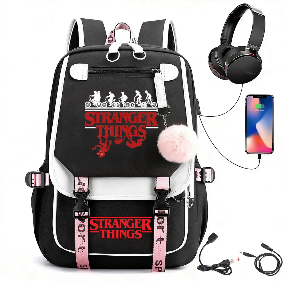 Vintage TV Pattern Black Backpack With External USB Charging Port Travel School Bag For Teenagers