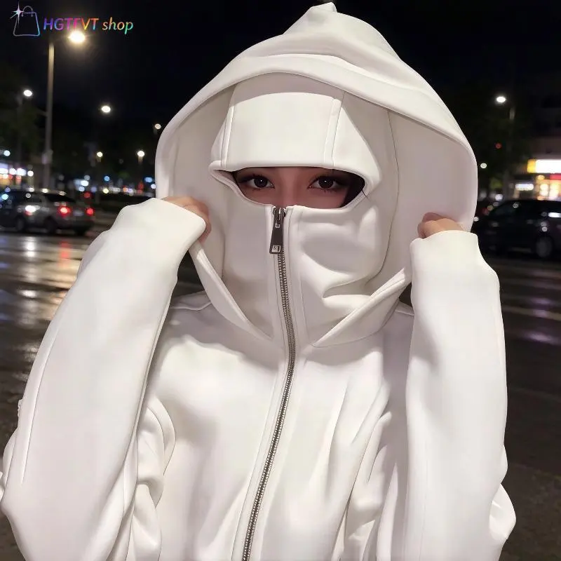 White Double Hood Zip Up Hoodie, Unique Layered Hood Design Sweatshirt, Oversized Long Sleeve Casual Streetwear Jacket for Women and men