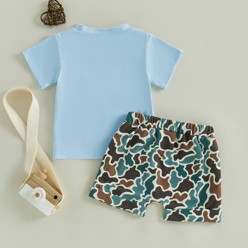 Kids Boys Shorts Set, Short Sleeve Rabbit Print T-shirt with Camouflage Shorts Easter Clothes Summer Outfit
