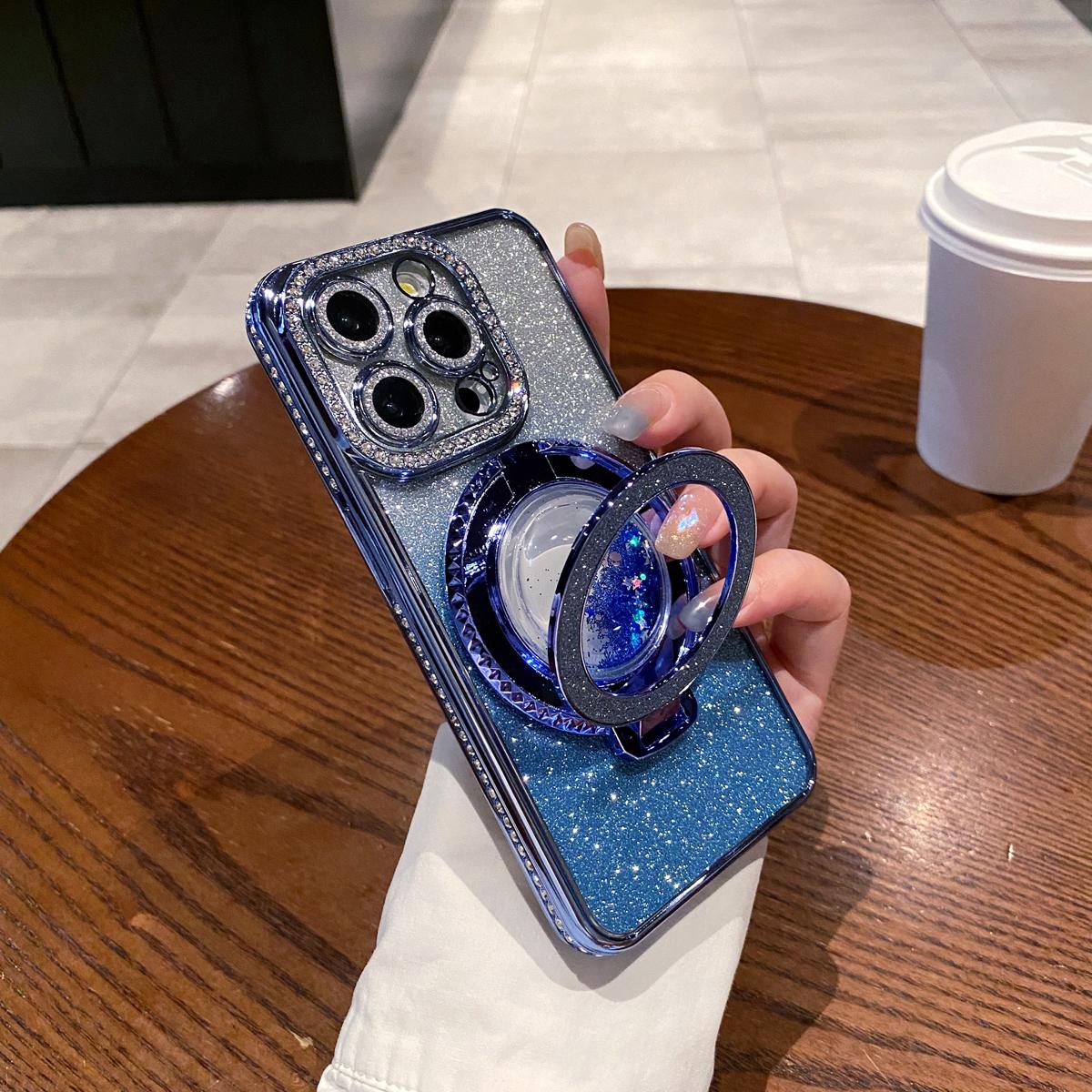 OREKROY Glitter Kickstand Case for iPhone 16 15 Pro Max 16 Plus 15/14/13/12, Luxury Bling Sparkly Diamond Rhinestones with Camera Protector Liquid Flowing Ring Stand TPU Bumper Women Girls Case Gift