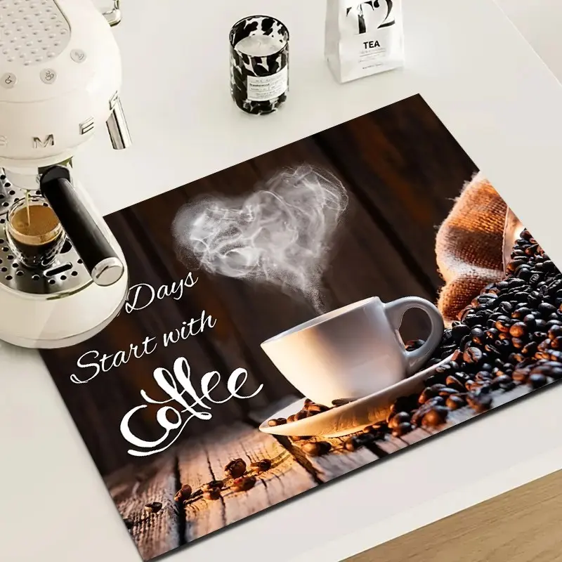 Absorbent Coffee Bar Mat, Non-Slip Backed Mat for Coffee Maker, Quick Dry Dish Drying Mat with Retro Wood-grain Heart-shaped Coffee Cup Coffee Beans Design, Coffee Bar Accessories for Farmhouse Kitchen Counter Countertop Coffee Bar