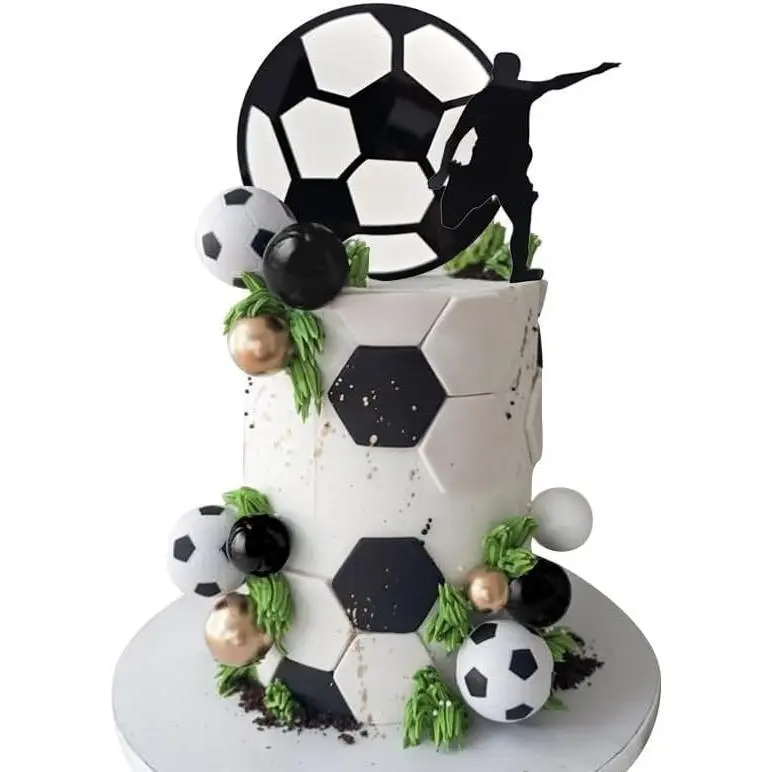 7 Pcs Acrylic Football Cake & Cupcake Toppers Set, Soccer Player Ornaments with Black-White-Gold Balls for Birthday Party Decor, Cake Decorating Supplies