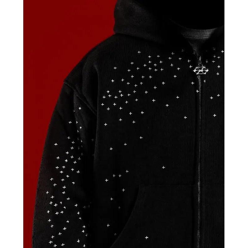 2026 Autumn Winter Starry Heavy Rhinestone Padded Shoulder Hooded Loose Jacket Tops Long Sleeve Casual Fitted Black Stretch Cotton with Pocket Geometric Print Fleece Hoodie Unisex Trendy for Daily Wear