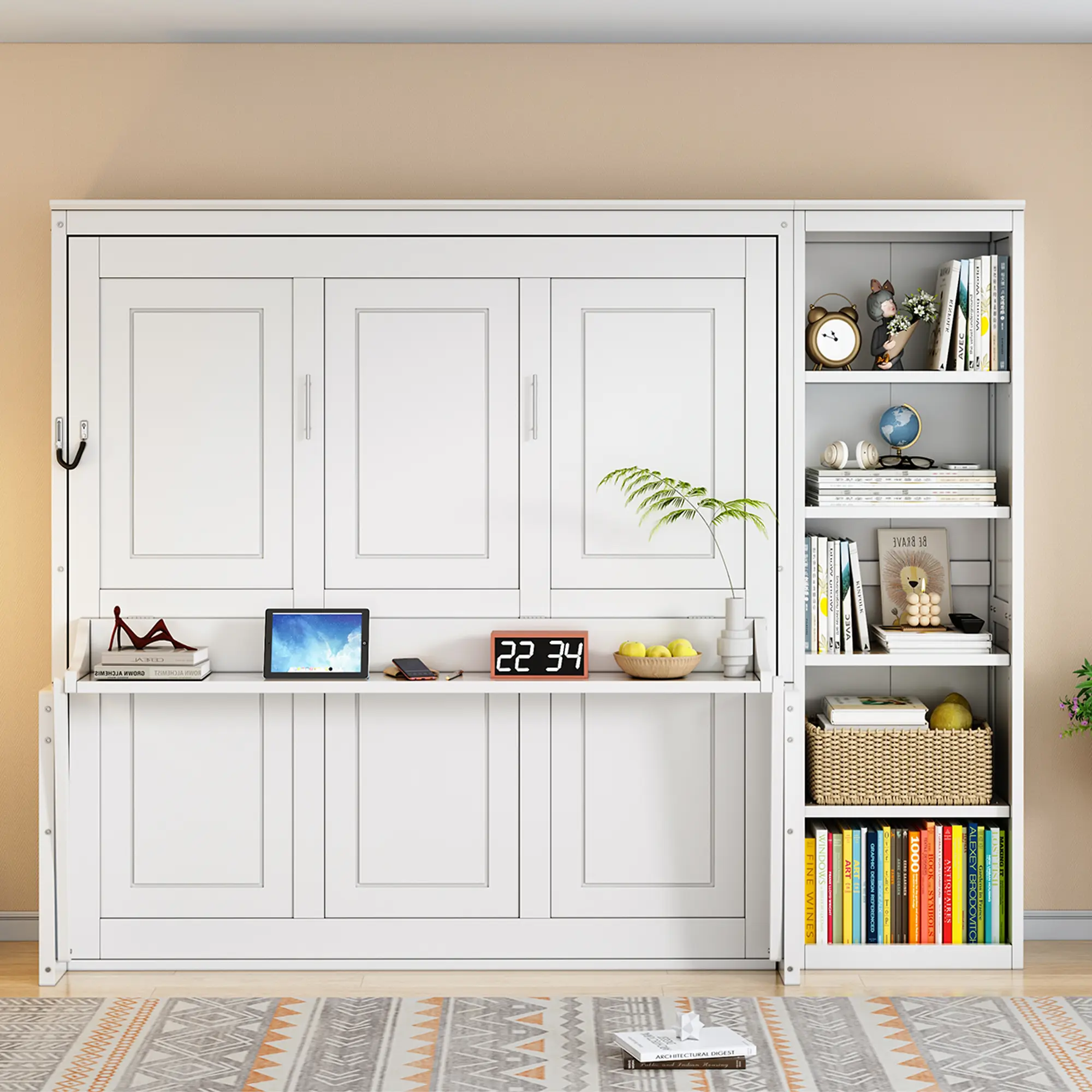 ARCH Queen Size Murphy Bed with Desk and Bookshelf, White Wall Bed Folding Mechanism, Space Saving Cabinet Bed for Small Room, Home Office Guest Bedroom Furniture, No Box Spring Needed, Solid Wood MDF, Queen Size Options, White Color Options