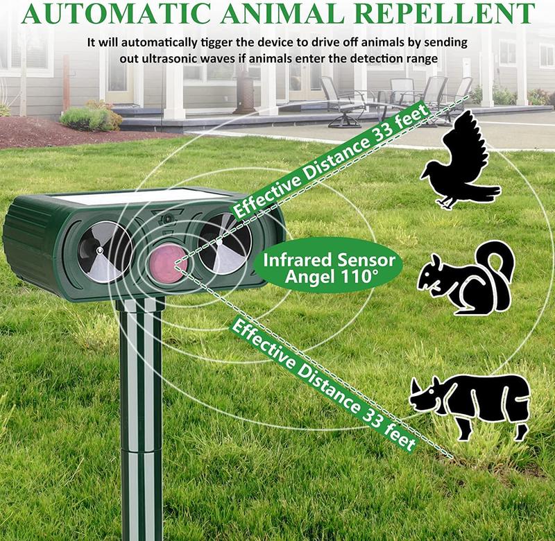 Solar Powered Ultrasonic Animal Repellent - Outdoor Safe Cat Repellent with Infrared Motion Sensor - Waterproof Deterrent to Scare Away Skunks, Rabbits, Raccoons, Snakes, Dogs, Bears, and Squirrels for Yards