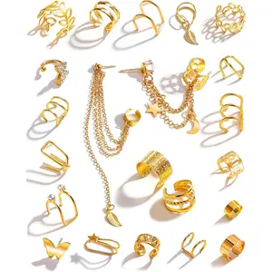 22Pcs Golden Ear Cuffs Earrings for Women Non Piercing Lightweight Adjustable Hypoallergenic Fake Clip On Cartilage Butterfly Chain Twist Helix Leaf Wrap Earrings Set Trendy Jewelry