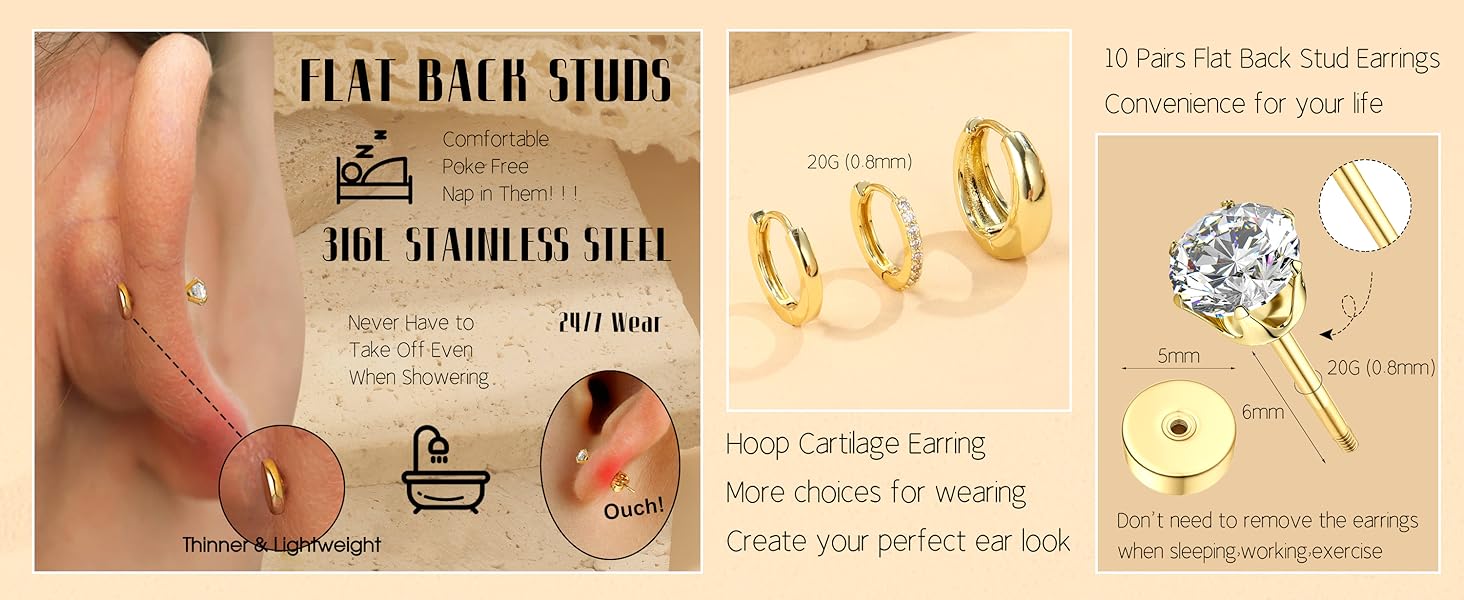 LOLIAS Flat Back Earrings for Women Hypoallergenic Surgical Steel Earrings for Sensitive Ears-20G Cartilage Earring Stacks Gold Hoops Flatback Stud Earring Sets for Multiple Piercing