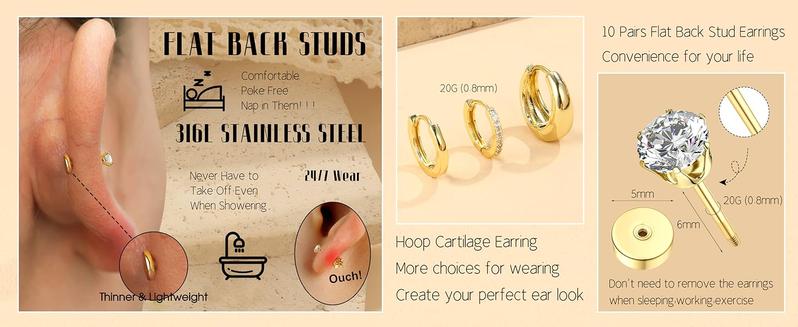 LOLIAS Flat Back Earrings for Women Hypoallergenic Surgical Steel Earrings for Sensitive Ears-20G Cartilage Earring Stacks Gold Hoops Flatback Stud Earring Sets for Multiple Piercing