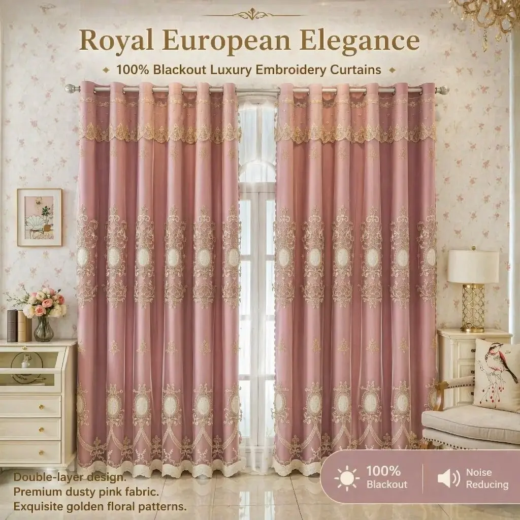 1 piece of 【Double-layer Embroidery Curtain】 with 100% light-blocking outer layer, 【Bean Paste Pink, outer light-blocking fabric + inner sheer curtain + curtain header, paired with golden European pattern embroidery, French floral embroidery double-layer