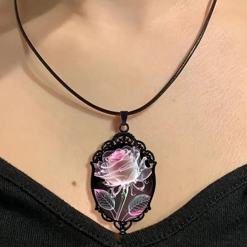 2026 New European and American Hot Selling Pink Transparent Petal Rose Pattern Glass Pendant Necklace for Women