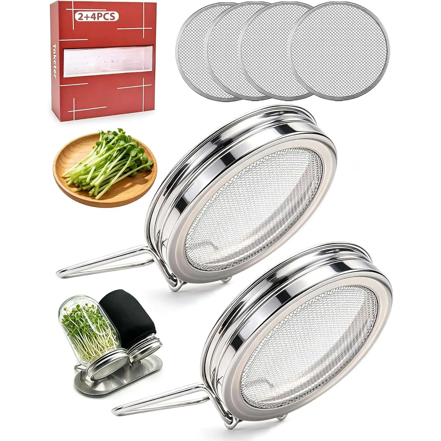 2Pack Sprouting  for Wide Mouth Mason Jars, Stainless Steel Mesh  | Includes 4 Mesh Screens,  Sprouting Jar Lid for Growing Broccoli, Alfalfa, Mung Beans and  Microgreens