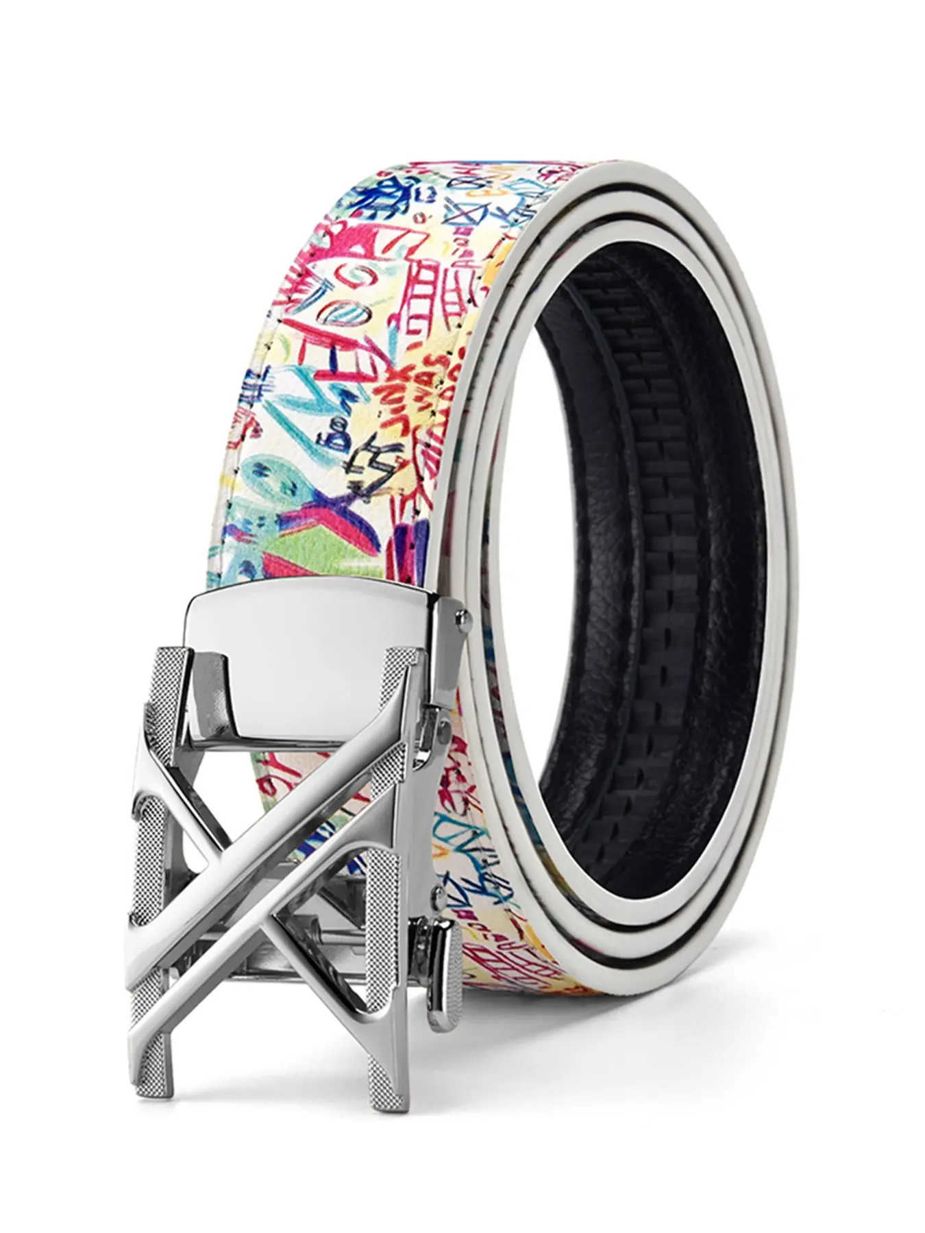 Colorful Graffiti Women's Automatic Buckle Belt, Unique Cool Personality Decorative Leather Belt, Street Style Print Female Waist Belt, Silver Color Letter Buckle