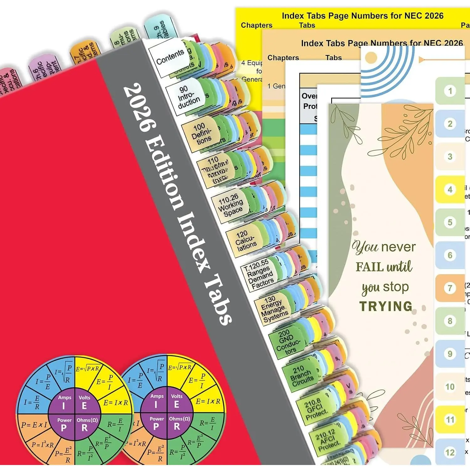 Plastic Index Tabs for 2026 NEC (Book Not Included), 152 Printed Tabs + Blanks, Color-Coded and Durable, with Page Index/Wire Chart & Formula Guide/2 Ohm’s Law Stickers/Alignment Card