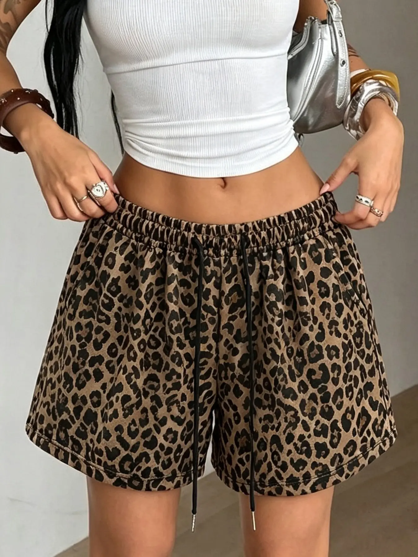 Women's summer retro leopard print loose drawstring/waist marked pocket shorts, high waist wide leg casual pants for beach outdoor daily wear Elastic waistband shorts