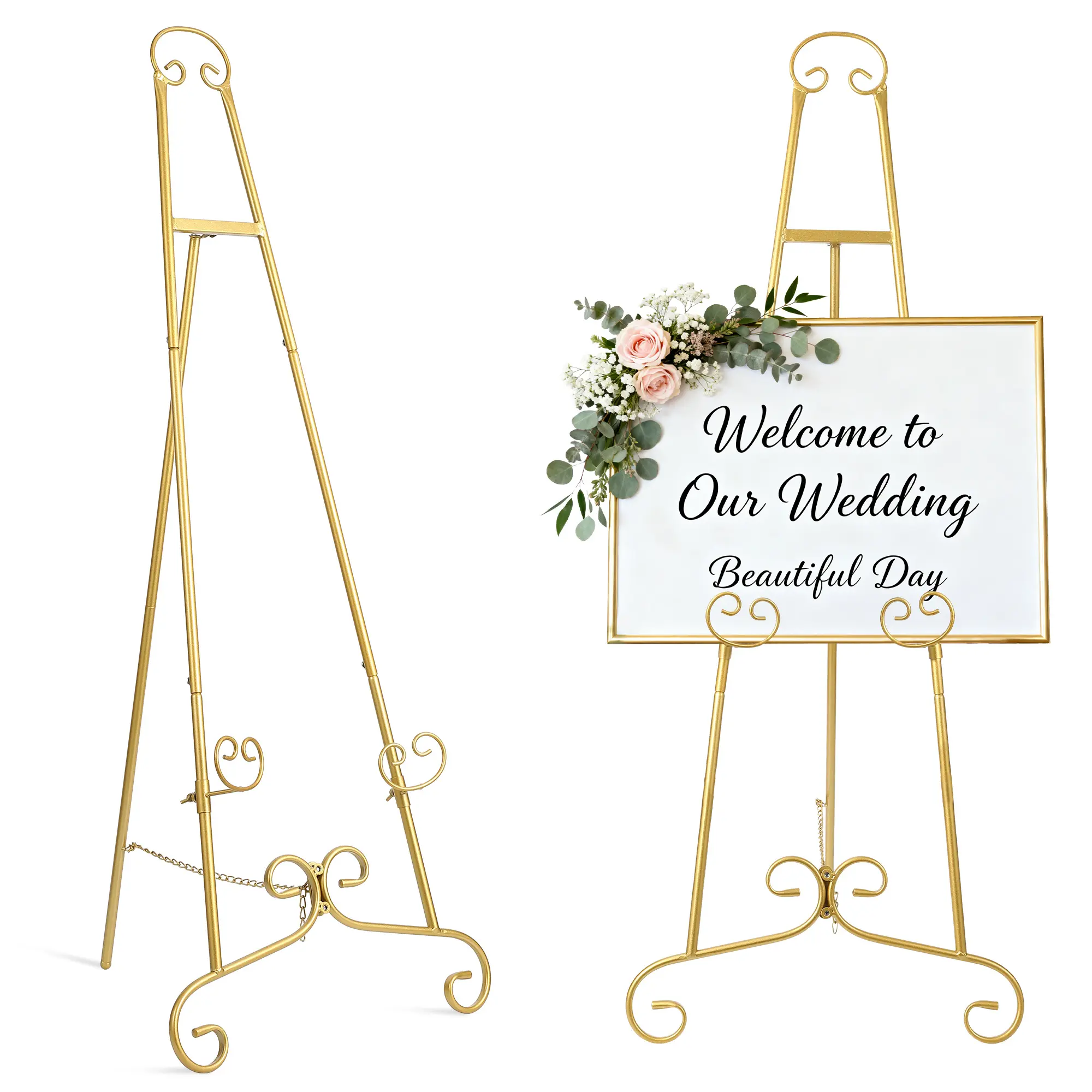 Adjustable Metal Sign Holder Stand - 3-Level Height, Angle-Adjustable Easel with Non-Slip Triangular Heavy-Duty Rubber Base, for Wedding, Party, Business Displays, Gallery Opening Use