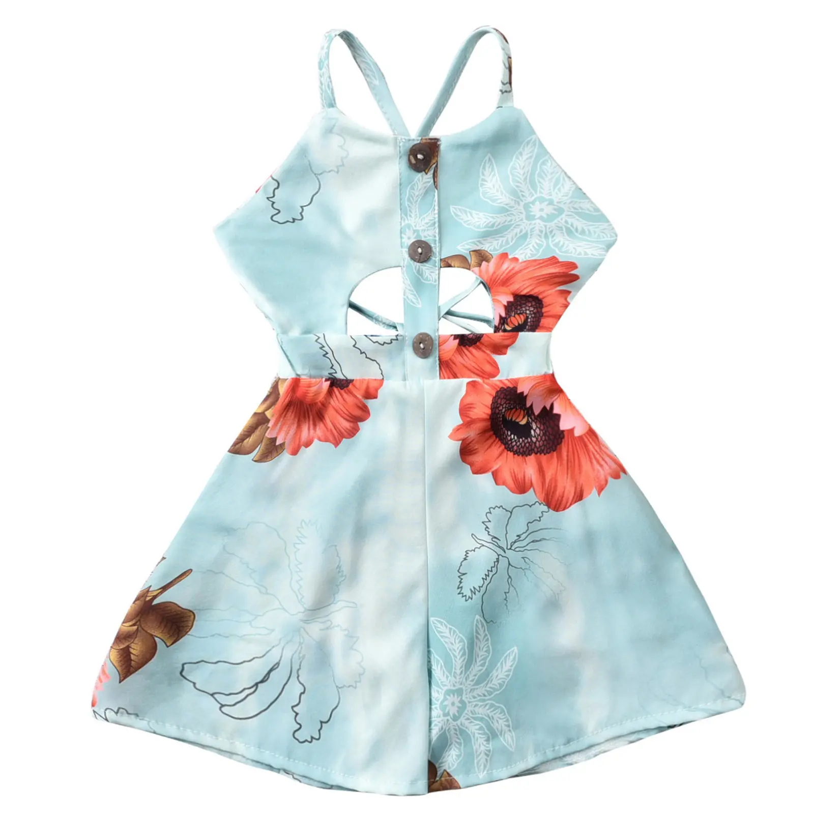 Girls' 18 Months-6 Years Casual Sleeveless Boat Neck Playsuit - Light Blue Floral Print, Backless, Sweet for Outdoors, Parties, 18-24 Months, 2-3 Years, 39 Cm, Polyester Clothes, 41 Cm, Advised Sizes, Flowers, 5-6 Years