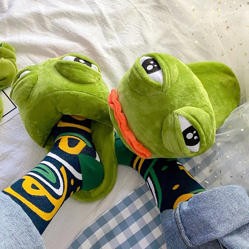 Cute frog couple slippers, trendy funny and sad cotton slippers, ugly-cute winter anime frog slippers for women, 2D plush