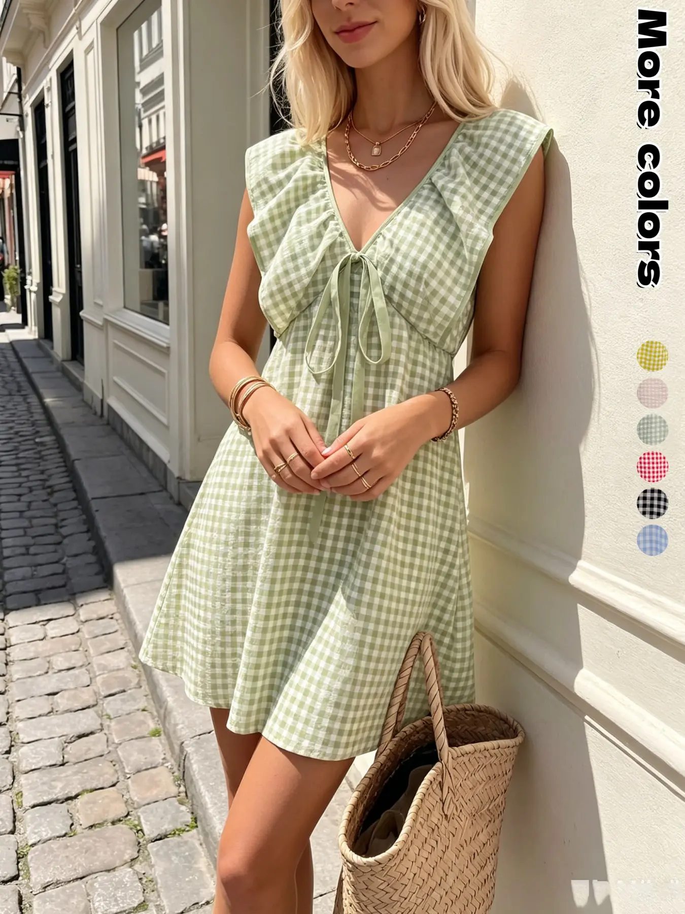 Plaid Mini Dress, V Neck Tie Back Ruffle Sleeve, Backless Waist Cinch a Line Skirt, Beach Vacation Casual Chic Feminine Style, Multiple Colors Available