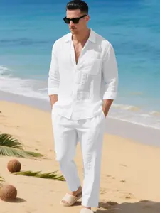Men's Linen Casual Loose-Fit Hawaiian Holiday Henry-Neck Hooded Long-Sleeved Top and Trousers Set
