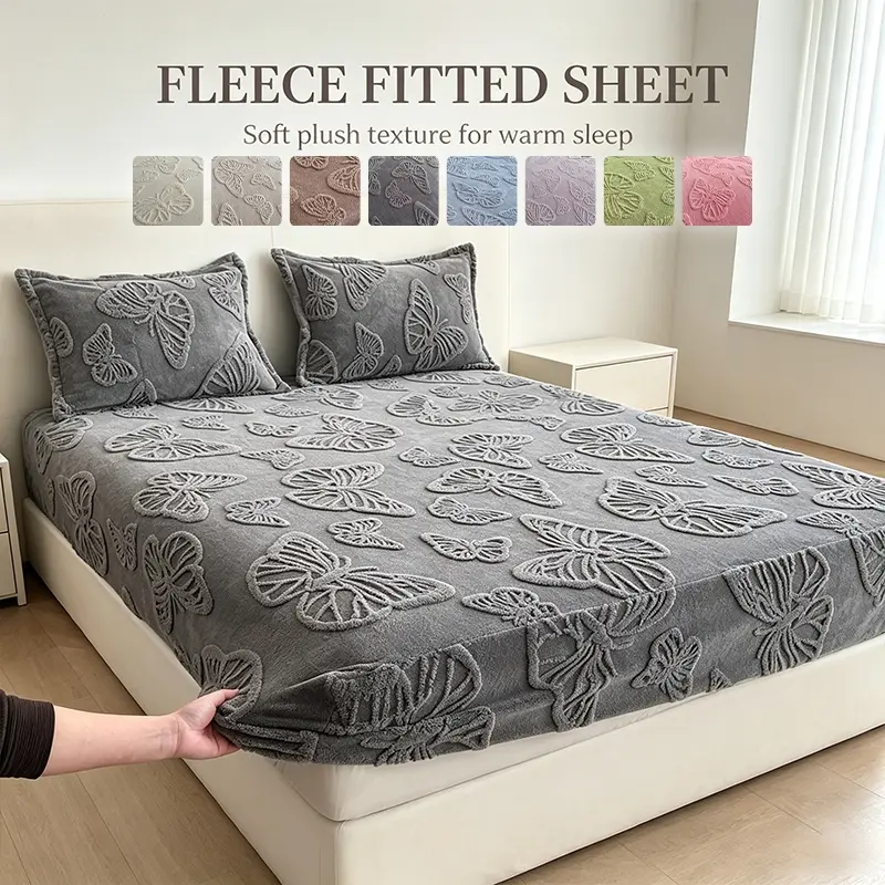 Cozy Home Style Butterfly Tuft Plush Fitted Sheet Set, Ultra Warm Gentle Plush Fabric Deep Pocket Mattress Liner, Matching Pillow Covers for Family Bedroom and Guest Room Decoration