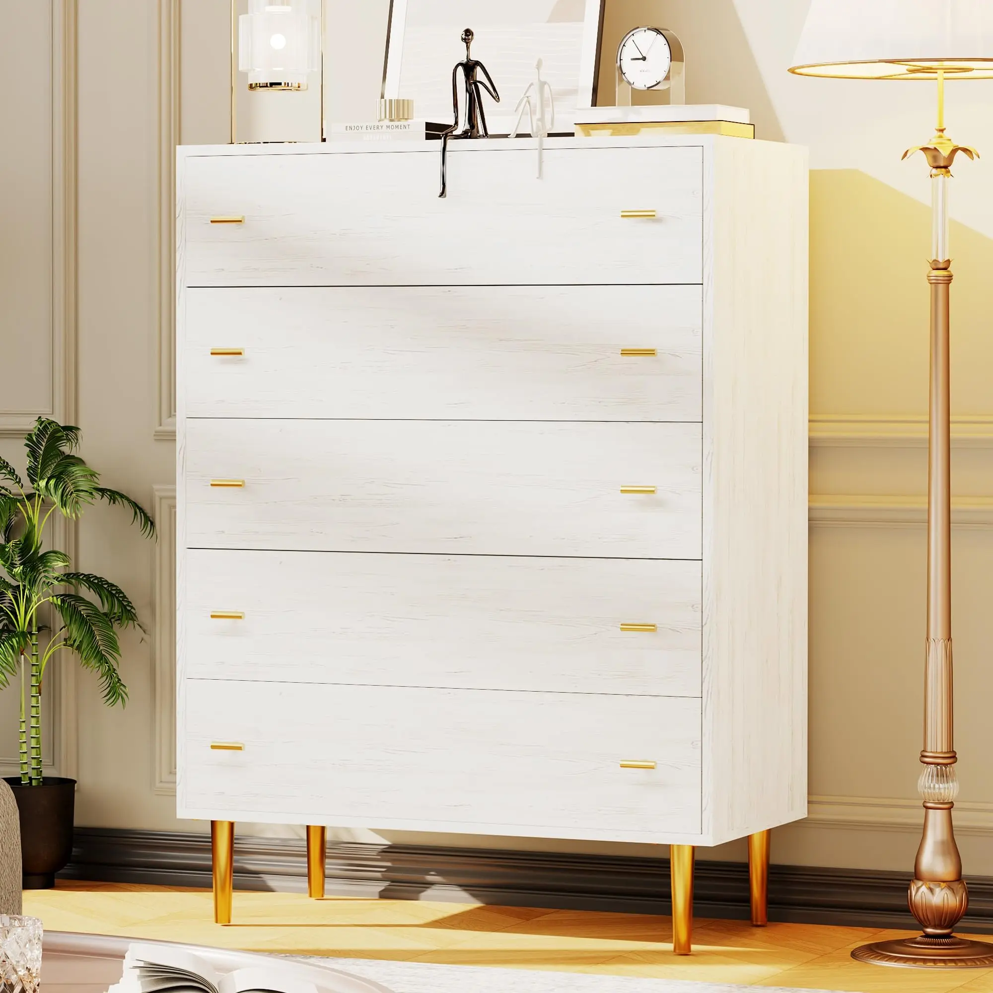 Garvee Farmhouse 5-Drawer Dresser, 44-Inch Tall White Rustic Wood Chest with Large Drawers and Bar Handles, Natural Texture, Includes Drawer Organizer for Bedroom, Living Room, Hallway, and Entryway