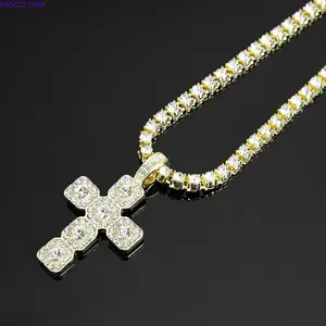 Unisex Iced Out Cross Pendant Necklace, Gold & Silver Plated Hip Hop Jewelry with Shiny CZ Crystal Tennis Chain, Sparkly Bling Neck Chain Accessories for Men Women Streetwear Outfit Matching