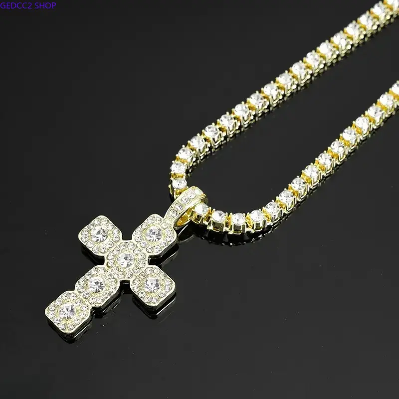 Unisex Iced Out Cross Pendant Necklace, Gold-Silver Plated Hip Hop Jewelry with Shiny CZ Crystal Tennis Chain, Streetwear Outfit Accessory for Men (Sports & Outdoor Camping Hiking Hammock Chains), Cubic Zirconia Chain, Fashion Cross Pendant