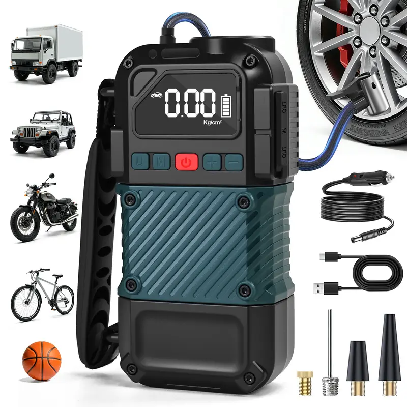 Portable tire inflator, equipped with a digital pressure gauge, car tire pump, inflator with emergency power supply, digital display and LED light - USB rechargeable