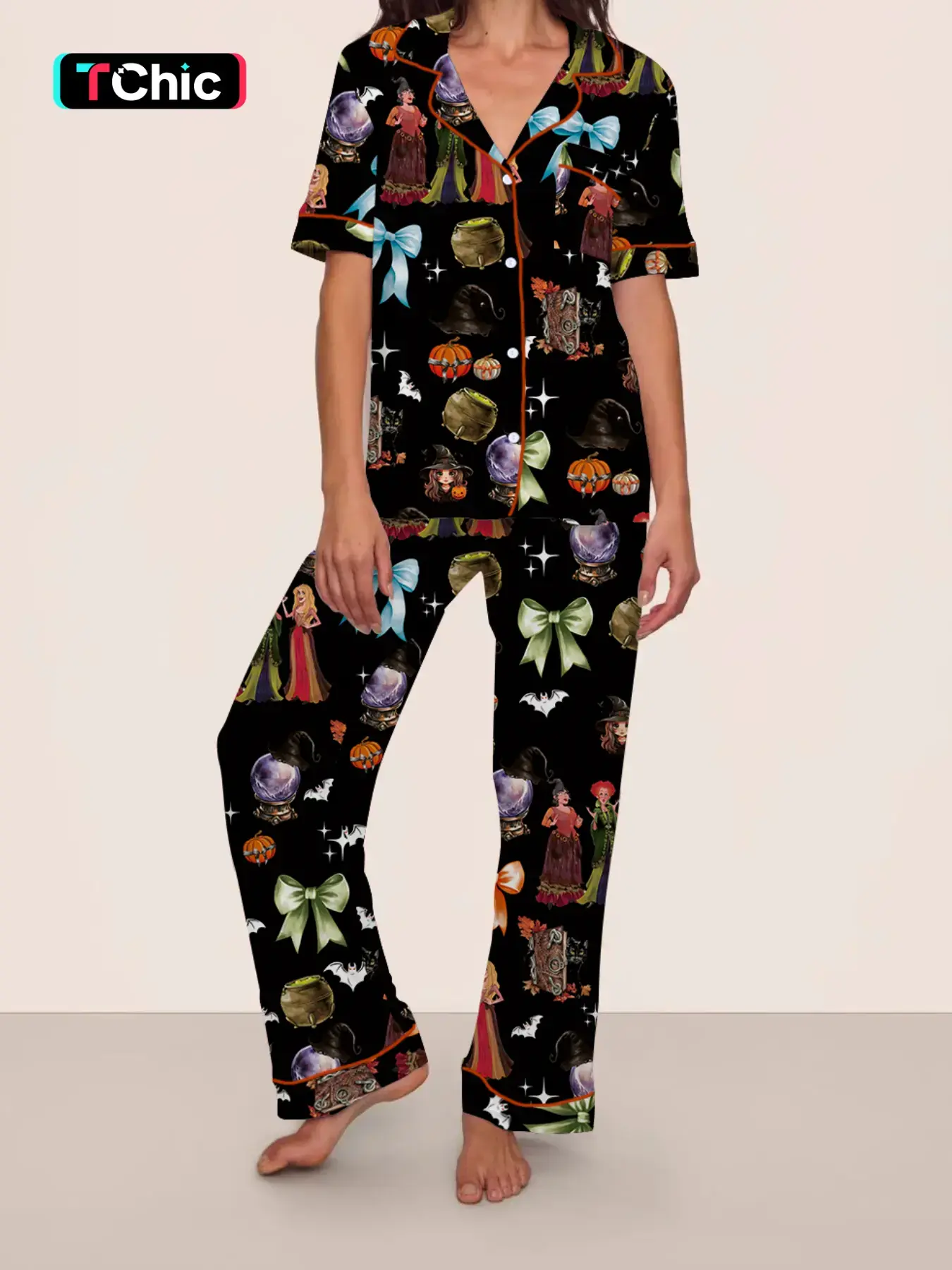 【Halloween 】Women's Vintage Halloween Pumpkin & Bat Print Pajama Set, Nightwear, Comfortable Short Sleeve Shirt, Elastic Waist Pants, All Seasons Casual Wear