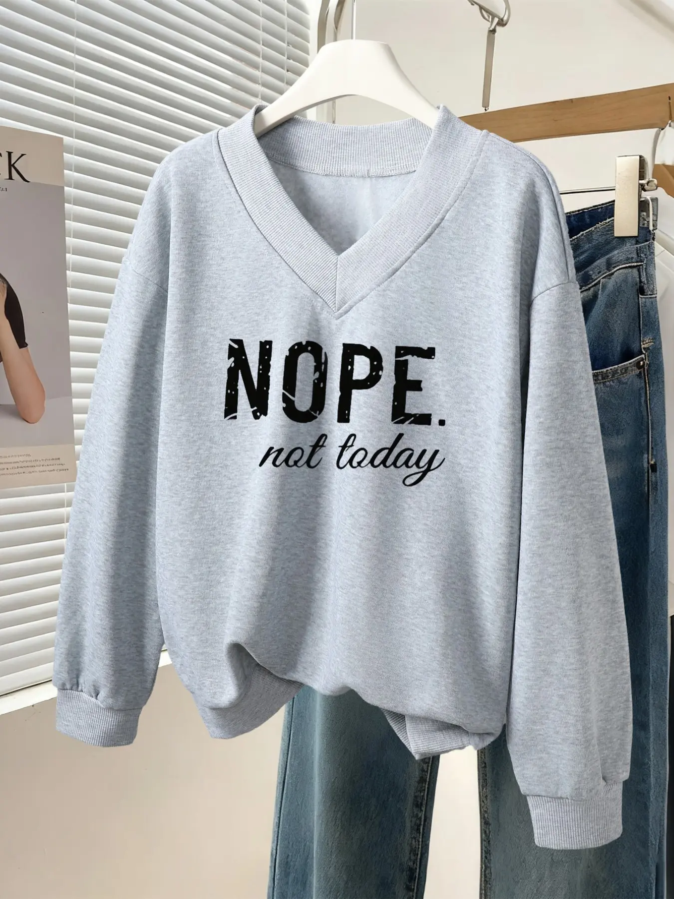 Women V‑Neck Sweatshirt, NOPE not today Slogan Letter Print Long Sleeve Loose Pullover Casual Slouchy Top