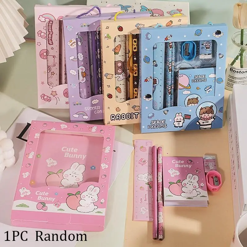 Cartoon Handheld 6-Piece Student Stationery Set, School Supplies Gift Box, Pencils, Kindergarten Learning Essentials, Back-To-School Kit, School Study Supplies