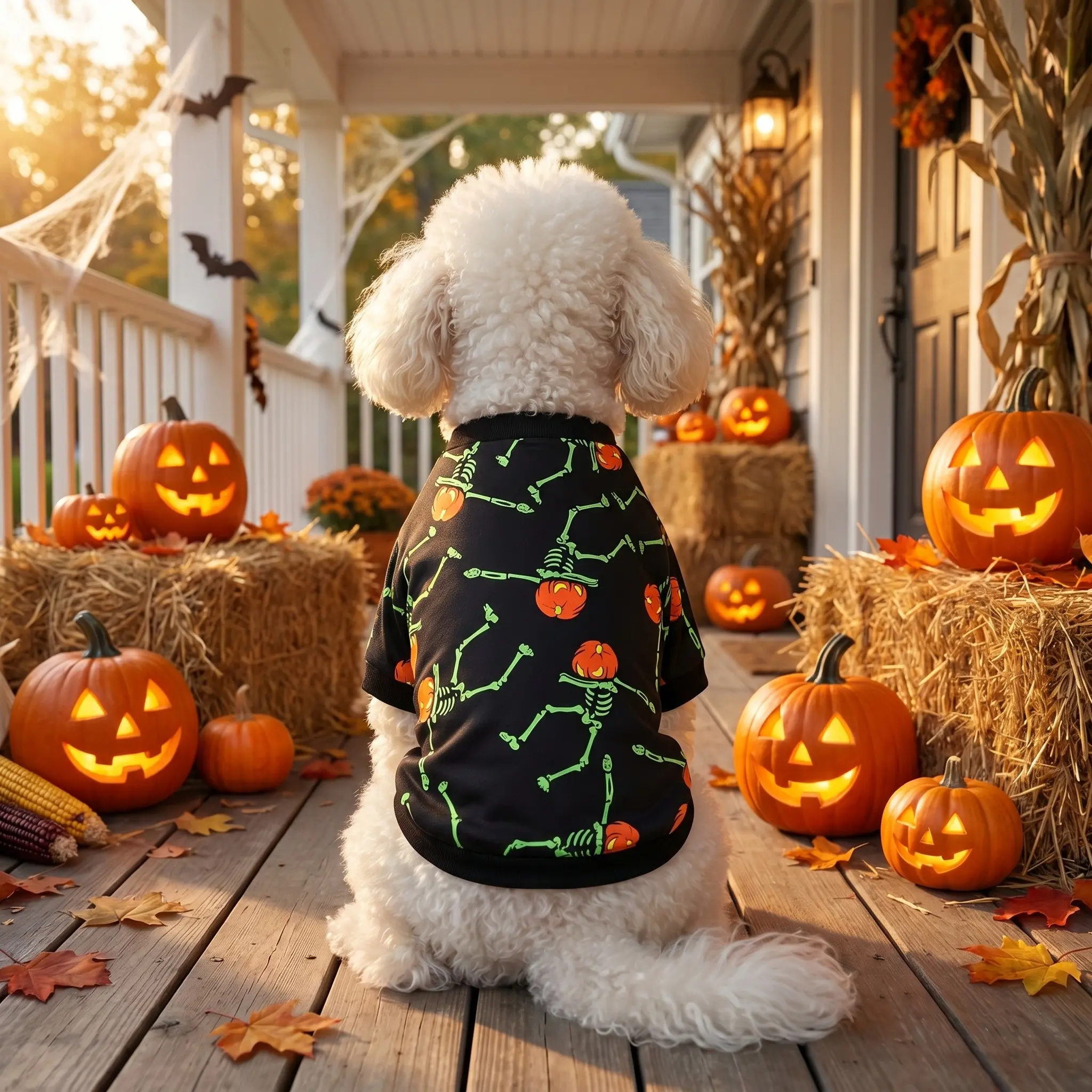 1 Piece of Pet Dog Halloween Skull-pumpkin Funny Clothes (black-green-orange Color + Full Skull-holding-pumpkin Print), Suitable for Small/medium-sized Dogs and Cats for Holiday Outings, Cool Costume & Dark Fun-style Apparel