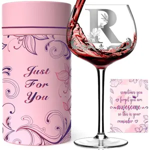 Personalized Monogram Gifts for Women - Customized Initial 16oz Elegant Stemmed Wine Glass (Letter R), Unique Birthday Gifts for Friend Mom Wife Sister Daughter