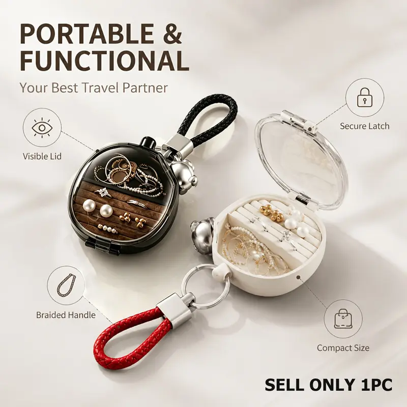 Portable Mini Keychain Travel Jewelry Box Soft Velvet Interior, Small Cute Jewelry Organizer Case, Ideal Daily Use & Delicate Birthday Gift for Ladies